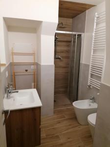 a bathroom with a sink and a shower and a toilet at Il Grottino in Frontino