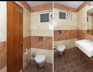 two pictures of a bathroom with a toilet and a sink at HOTEL LAXMI RESIDENCy in Bikaner