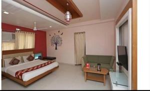 a bedroom with a bed and a couch and a tv at HOTEL LAXMI RESIDENCy in Bikaner
