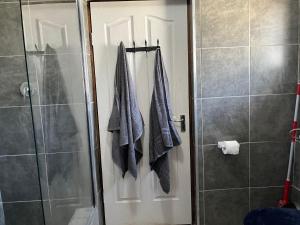 a bathroom with a shower stall and towels on a door at Peace House in Pietermaritzburg