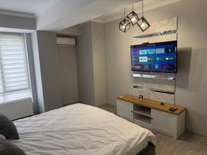 a bedroom with a bed and a flat screen tv at Boulevard terrace apartment in Chişinău