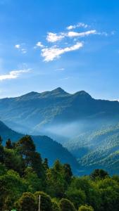 a view of a mountain range with trees in the foreground at Hariyali Homestay in Sari