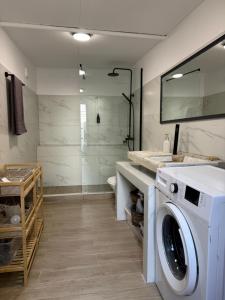 a washing machine in a bathroom with a shower at St Pauls Batsi in Batsi
