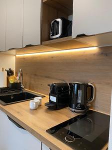 a kitchen counter with a microwave and a toaster oven at Apartment 225 in Forstau