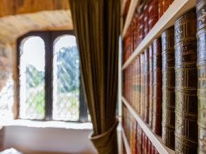 a shelf of books in a library with a window at The Tower - Uk46652 in Crickhowell