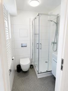 a bathroom with a glass shower and a toilet at Cozy Apartment with Terrace & Free Parking in Würzburg