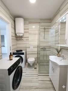 a bathroom with a shower toilet and a sink at Apartman SOFI in Ulcinj