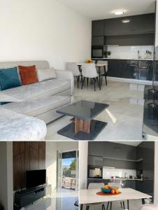 a living room and kitchen with a couch and a table at Apartman SOFI in Ulcinj
