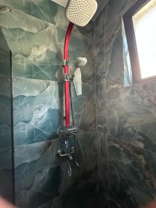 a shower with a red hose in a bathroom at Melody's Room in Borsh +24 photos