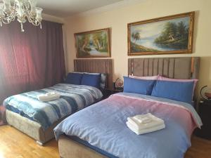 a bedroom with two beds and a chandelier at Tunmobi Gardens Apartment in Ballyjamesduff +143 photos