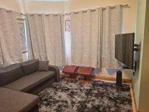 a living room with a couch and a flat screen tv at Tunmobi Gardens Apartment in Ballyjamesduff