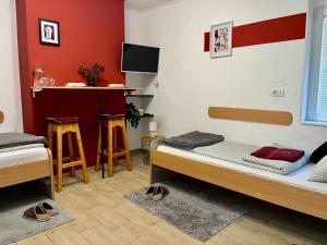 a room with two beds and a table with a tv at 'MONAS' mini apartments in Sombor