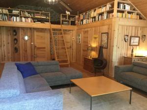 a living room with a couch and a book shelf at Ferme de Chaudeyrac in Saint-Front
