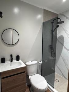 a bathroom with a toilet and a shower and a sink at The Almas Container in Willemstad +21 photos