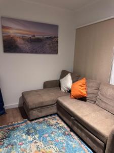 a living room with a couch and a rug at The Almas Container in Willemstad