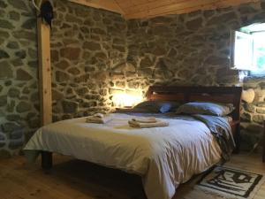 a bedroom with a bed in a stone wall at Ferme de Chaudeyrac in Saint-Front