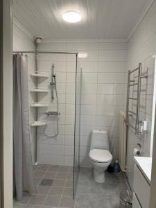 a bathroom with a toilet and a shower and a sink at Grevgatan 4 Apt 1101 in Eksjö +5 photos