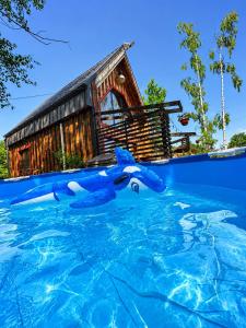 a log cabin from the water in front of a house at Czerwona Stodoła Karkonoska in Podgórzyn