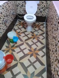 a bathroom with a toilet with a mosaic floor at Hariyali Homestay in Sari