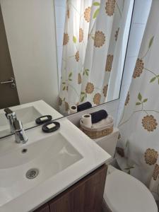 a bathroom with a sink and a toilet and a mirror at Comodo departamento 2 dormitorios con piscina in Quilpué +13 photos
