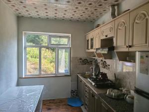 a kitchen with a sink and a window at Kirayeev Hamarmeşə in Lerik