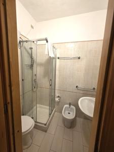a bathroom with a shower and a toilet and a sink at La Pinetina in San Massimo +36 photos