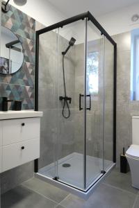 a shower with a glass door in a bathroom at Las Tu Las Tam in Chudaczewko +43 photos