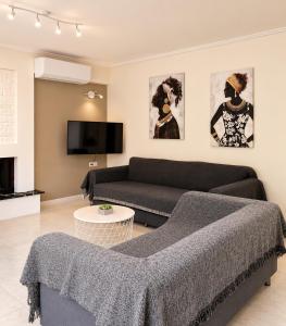 a living room with a couch and a tv at polyxeni house in Lygia