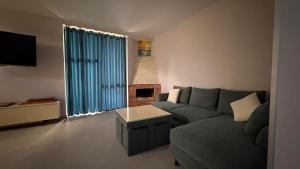 a living room with a gray couch and a fireplace at Pinevillasadgeri in Borjomi