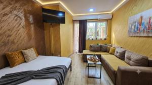 a living room with a couch and a couch and a tv at Wonderland spa free parking in Niš