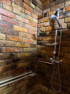a bathroom with a brick wall with a shower at Loukis dvars in Luokė +15 photos