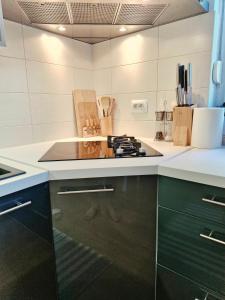 a kitchen with green cabinets and a stove in it at Rooms Hana Rovinj in Rovinj