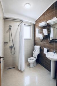 a bathroom with a toilet and a shower and a sink at Becar Pyramids B&B in Visoko