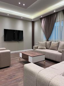 a living room with two couches and a flat screen tv at Munir’s residence in Cairo