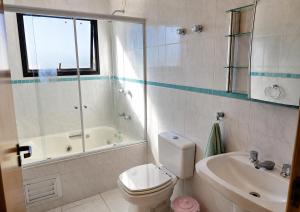 a bathroom with a toilet and a tub and a sink at Flat Serra negra prox ao Centro lazer completo in Serra Negra +8 photos