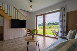 a living room with a tv and a couch and a table at Czarna Owca in Biały Dunajec