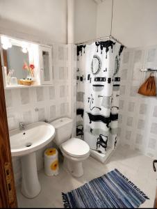 a bathroom with a toilet sink and a shower curtain at Sintrivanis Mountain in Áno Skotína +72 photos
