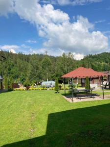 a park with a picnic table and a gazebo at Karpatskyi Maetok in Slavske
