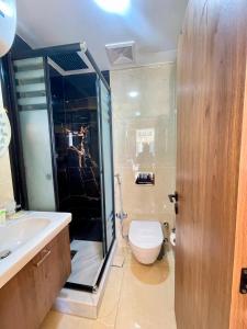 a bathroom with a shower and a toilet and a sink at Montaza City in Alexandria +93 photos