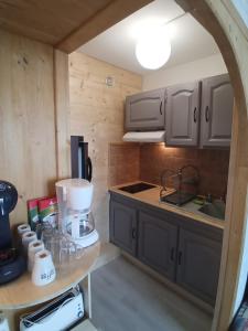 a kitchen with a counter with a mixer on a table at Profitez de la vue in Ustou +2 photos