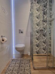 a bathroom with a shower with a toilet and a rug at Biały Port in Rajgród