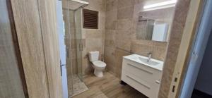 a bathroom with a toilet and a sink and a mirror at Lodge Ti Bonheur in Sainte-Anne