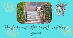 a picture of a flight of stairs with a bird at Lodge Ti Bonheur in Sainte-Anne