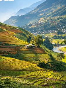 an aerial view of a valley with a river and fields at SaPa Farmer House in Sapa