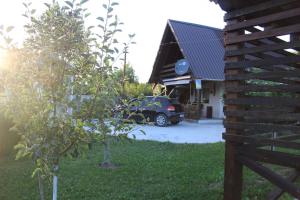 a car parked in a yard next to a house at Vikendica Peace in Brezje +23 photos