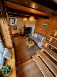 a living room with a couch and a fireplace at Wiśniowa Chata in Rentyny
