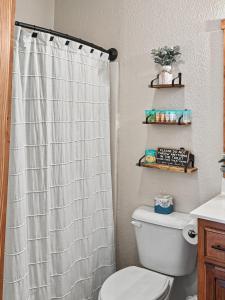 a bathroom with a white shower curtain and a toilet at Mountain Views, Game Room, Firepit Near Wineries in Cleveland +37 photos