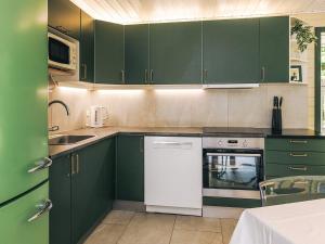 a kitchen with green cabinets and a white dishwasher at 4 star holiday home in Væggerløse in Bøtø By