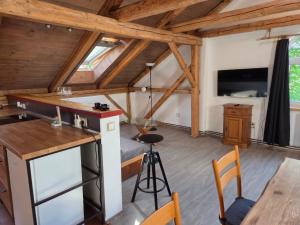 a room with a kitchen and a dining room with wooden ceilings at Apartmán U lípy in Semily +9 photos