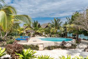 a resort swimming pool with blue lounge chairs and the ocean at Tunu Beach Zanzibar in Kizimkazi